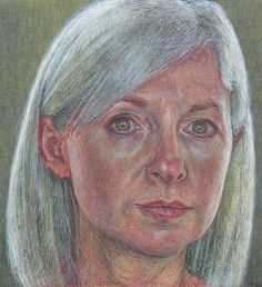 a colored pencil drawing of an older woman with gray hair and blue eyes, looking at the camera