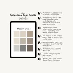 a tablet with the words professional paint palettes on it and an info sheet below