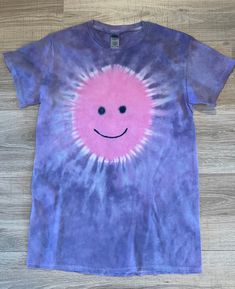 Tie Dye Adult Small 2-Sided Smiley Face T- shirt, gender neutral,  100% cotton, Very soft and comfortable. Only the highest quality,  professional dyes used. Washed out with earth-friendly detergent.  Will never run or fade! *This is the exact item you will receive! Tie Dye Washed Cotton T-shirt, Washed Tie Dye Cotton T-shirt, Acid Wash Pre-washed Short Sleeve T-shirt, Washed Tie-dye Cotton T-shirt, Pink Cotton T-shirt With Smiley Face, Hand Dyed Cotton T-shirt, Hand Dyed Pink Cotton T-shirt, Tie Dye Short Sleeve Top, Cotton Tie-dye Pre-washed T-shirt