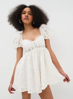 Dreamy linen mini dress featuring eyelet embroidery and a corset that overlays a built-in peekaboo lace bra. Puff sleeves, plunging open back with a hook & eye closure. Mini Dress White, Eyelet Embroidery, Linen Mini Dress, Hook Eye, White Mini Dress, Lace Bra, Puff Sleeves, Open Back, Puff Sleeve