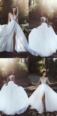 four different shots of a woman in a white wedding dress with her legs spread out