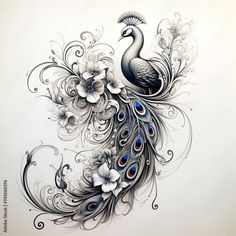 a peacock with flowers and swirls on it's tail is shown in this tattoo design