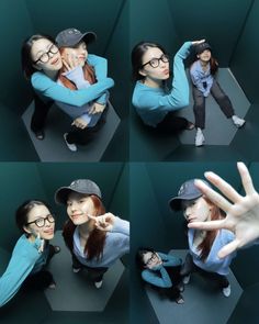 four different pictures of a woman with glasses and a baseball cap posing for the camera