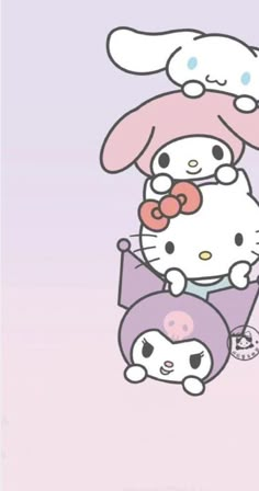 hello kitty and her friends are hanging out in the air with their heads on top of each other