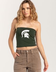 Hype And Vice Michigan State University Tube Top. Graphic Screened On Front. Made With A Double Layer Of Ultra Soft Cotton Spandex. Sleeveless. Cropped Length. 95% Cotton, 5% Spandex. Machine Wash. Imported. Model Is Wearing A Size Small. Model Measurements:height: 5'7" Bust: 29"waist: 22"hips: 34.5" Summer Elastane Tube Top, Summer Sleeveless Elastane Tube Top, Stretch Bandeau Sports Top, Stretch Bandeau Top For Sports, Casual Green Strapless Tank Top, Green Strapless Casual Tank Top, Casual Seamless Elastane Tube Top, Bandeau Sports Tops For Summer, Green Fitted Bandeau Tank Top