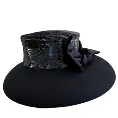 Size Os Color Black In Euc Stunning Eric Javits Hat With Wool Brim, Sequined Crown, And Velvet Bow. Dramatic, Mysterious And Elegant With Its Center Front Bow And Longer Brim. Blocked And Trimmed By Hand. 100% Wool. Nordstrom Hat Box Included. Brim Span Front 5.5" Brim Span Back 3.25" Glamorous Evening Hats For Kentucky Derby, Fitted Top Hat With Flat Brim For Evening, Fitted Glamorous Hat For Evening, Glamorous Evening Hat, Chic Fitted Hats For Fashion Events, Glamorous Fitted Hat For Evening, Glamorous Fitted Evening Hat, Black Cloche Hat With Short Brim For Party, Black Cloche Hat For Party