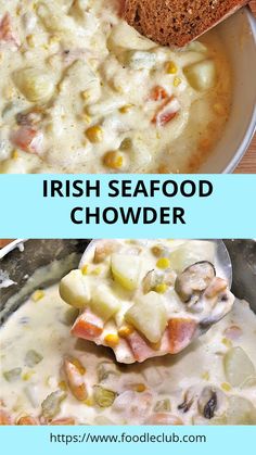 two pictures showing different types of seafood chowder