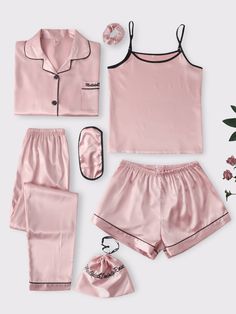 Baby Pink  Collar Long Sleeve  Letter Pant Sets Embellished Non-Stretch All Women Sleep & Lounge Satin Pj Set, Cute Dress Outfits, Pink Pajamas, Women's Pajamas