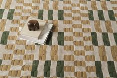 a book sitting on top of a white and green rug