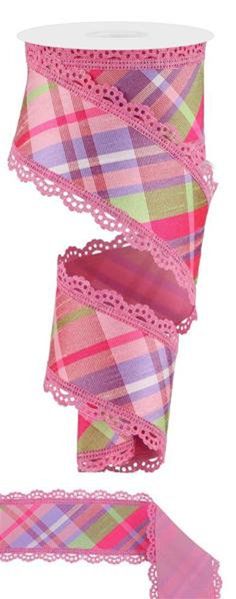 three rolls of pink and green plaid ribbon with lace on each side, in different colors