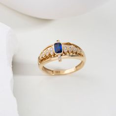 Sapphire Ring, 14K Solid Gold Genuine Sapphire Ring, Emerald Cut Blue Sapphire Ring, Dainty Sapphire Ring, September Birthstone Ring - Etsy Thailand Exquisite Gold Sapphire Ring With Accent Stones, Elegant 14k Gold Topaz Ring With Prong Setting, Elegant 14k Gold Baguette Cut Topaz Ring, Gold Sapphire Diamond Ring With Halo Design, Luxury Sapphire Birthstone Promise Ring, Elegant Yellow Gold Topaz Ring Baguette Cut, Elegant Yellow Gold Topaz Ring With Baguette Cut, Exquisite 14k Gold Baguette Cut Ring, Elegant Sapphire Crystal Diamond Ring