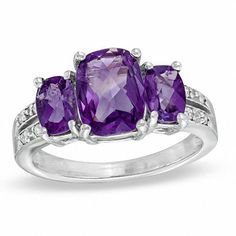 Emerald-Cut Amethyst and Diamond Accent Collar Ring in 10K White Gold | Online Exclusives | Collections | Zales Amethyst Set, Dearly Beloved, Purple Diamond, Three Stone Ring, Local Jewelry, Bright Purple, Purple Stones, Fashion Ring, Three Stone Rings