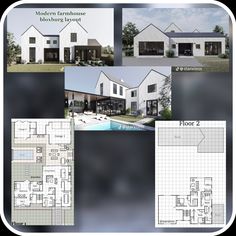 the floor plan for this modern farmhouse house is shown in several different styles and colors