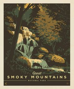 the great smoky mountains national park is depicted in this vintage style poster, which features waterfalls and trees