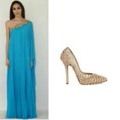 Marchesa 'Grecian' caftan gown + pearl embellished Oscar de la Renta pumps Marchesa, One Shoulder Formal Dress, One Shoulder Dress, Shoulder Dress, One Shoulder, Pumps, Formal Dresses, Oscar De La Renta