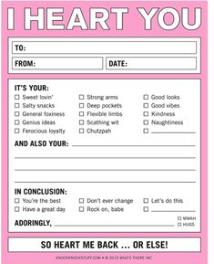 a pink and white checklist with the words, i heart you on it's back