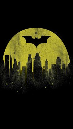 the dark knight rises batman logo on a black background with yellow and gray paint splattered over it