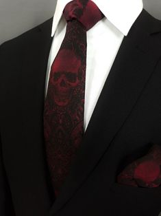 Skull Tie, Gothic Wedding Theme, Black And Red Suit, Make A Tie, Red Gothic, Tie Matching, Goth Wedding, Dark Wedding, Red Skull