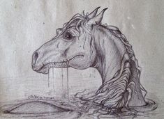 a drawing of a horse in the water with its head sticking out from it's mouth