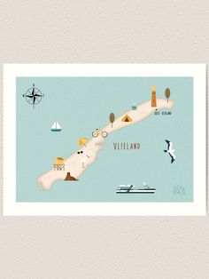 an illustrated map of the island of vileland, with boats and lighthouses in the background