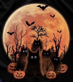 three black cats sitting in front of a full moon with bats and pumpkins on the ground