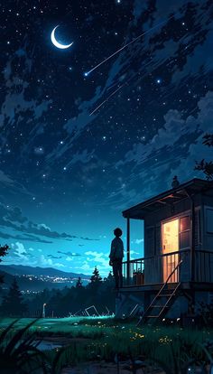 a man standing on top of a wooden building under a night sky filled with stars