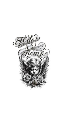 a tattoo design with an angel and roses on the back of its head, which reads today as mom