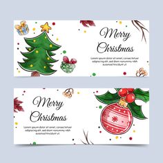 two christmas banners with ornaments and decorations