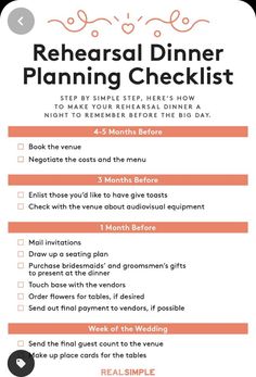 a checklist for a wedding dinner with the words,'rehasal dinner planning check