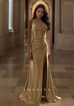 Expertly crafted with a V-neckline, sleeveless design and ruched detailing, this sheath prom dress exudes elegance and sophistication. The pleated accents and side slit enhance the silhouette, making it the perfect choice for any formal occasion. Side Split Prom Dress, Sheath Prom Dress, Prom Dress Gold, Split Prom Dresses, Homecoming Formal Dresses, Mother Wedding Dress, Prom Dress Styles, A Line Prom Dresses, Sparkle Dress