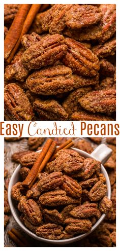 two pictures side by side with the words easy candied pecans