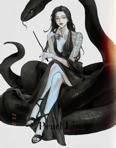 a woman sitting on top of a black dragon next to a person holding a wand