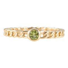 This is part of Chairish’s Fine Jewelry assortment.  Minimalist Round Peridot Stackable Solid Curb Chain Ring in 14K Gold featuring natural peridot of 0.15 carats. The gorgeous handcrafted ring goes with every style, every occasion or any outfit.  Peridot brings delight and good cheer. It attracts love and calms anger by giving renewal to all things. Designed with round cut peridot set in center of the solid chain style shank made in solid gold that makes it a perfect fit to wear it on your occa Yellow Gold Peridot Rings With Gemstone Accents, Fine Jewelry With Peridot Gemstone Accents, Green Peridot Stackable Jewelry, Stackable Green Peridot Jewelry, Fine Jewelry Peridot Birthstone Ring In Round Cut, Stackable Yellow Gold Peridot Jewelry, Fine Jewelry Peridot Birthstone Ring Round Cut, Elegant Peridot Stackable Rings For May Birthstone, Yellow Gold Stackable Rings With Peridot