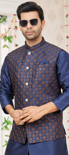 Blue color Nehru Jacket in Art Silk fabric with Embroidered, Thread work Blue Nehru Jacket With Zari Work For Eid, Festive Blue Outerwear With Resham Embroidery, Blue Long Sleeve Outerwear With Zari Work, Blue Long Sleeve Bandhgala For Festivals, Festive Long Sleeve Blue Bandhgala, Traditional Blue Bandhgala With Stand Collar, Blue Embroidered Bandhgala For Festivals, Blue Nehru Jacket With Stand Collar For Festive Occasions, Festive Blue Nehru Jacket With Long Sleeves