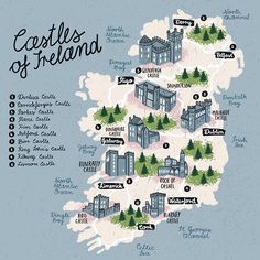 an illustrated map of the castles of ireland