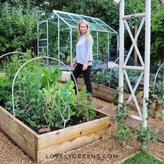 a woman standing next to a garden filled with lots of plants and veggies