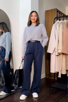 Indigo Pants Outfit Women, Navy Pant Work Outfit Women, Classical Outfits For Women, Work Outfit Trousers, Navy Blue Pants Winter Outfit, Blue Pants Office Outfit, Work Outfits Women Blue Pants, Trousers Styling Women, Women’s Fashion Casual Work