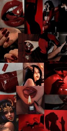 a collage of photos with red and black lipstick on them, including a woman's face