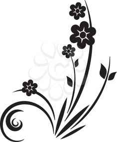 black and white flower design with swirls on the bottom, in front of a white background