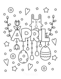 an adult coloring page with the words happy spring in black and white, surrounded by decorations