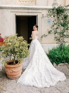 a woman standing in front of a potted plant wearing a wedding dress with an open back