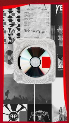 a red and white collage with cd's on it