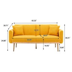 a yellow couch with measurements for the seat and back cushions on it, including two pillows