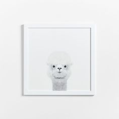 a white llama is featured in this black and white photo, framed on a wall