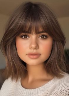 Bangs On Round Face Chubby, Medium Bob Round Face, Short Hair Cuts With Wispy Bangs, Medium Bob With Wispy Bangs, Best Round Face Haircut, Bob Hairstyles With Bangs Round Face, Face Framing Haircut For Short Hair, Mid Length Hair And Bangs, Brunette Medium Length Hair With Bangs