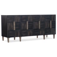 the sideboard is made out of wood and has metal handles on each side, along with