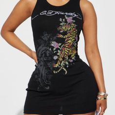 Mini Dress Crew Neck Sleeveless Ed Hardy Graphic Front And Back Screen 78% Cotton 18% Polyester 4% Spandex Black Tube, Black Knit Dress, Black Mini Dress, Mini Sweater Dress, Ed Hardy, Pink Hoodie, Polo Dress, Black Mini, Pink Fashion