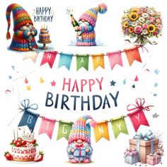 a happy birthday card with colorful decorations and gifts