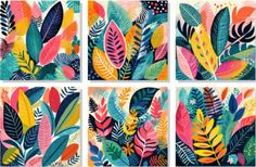 four square paintings with colorful leaves on them