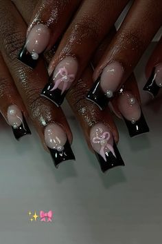 coquette aesthetic nails, black french tip acrylic nail design art, pink bow, pearl design Light Pink And Black Nails, Coquette Aesthetic Nails, Nails Black French Tip, Nails Black French, Pink Black Nails, Ballerina Acrylic Nails, Bow Nail Designs, 20th Bday, Black French Tip